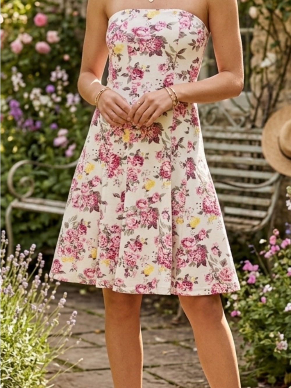 Floral Strapless A-Line Dress in Cream and Pink